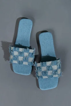 MICAS Shoes|Shoes-Plaid Frayed Denim Slippers BLUE