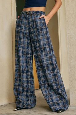 MICAS Pants-Plaid Print Belted Trousers ROYAL