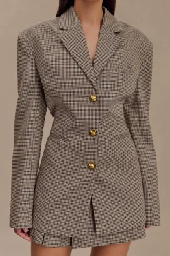 MICAS Outerwear|Blazers-Plaid Print Notched Lapel Button Belted Blazer MOCHA