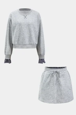 MICAS Skirt Sets-Plaid Print Patchwork Top And Drawstring Skirt Set LIGHT GRAY