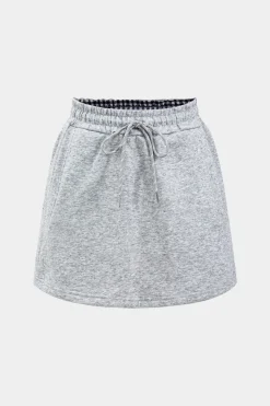 MICAS Skirt Sets-Plaid Print Patchwork Top And Drawstring Skirt Set LIGHT GRAY