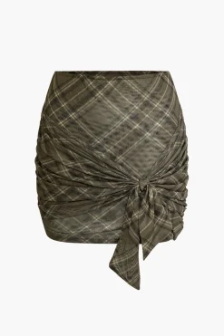 MICAS Skirts-Plaid Print Tie Front Mini Skirt COFFEE