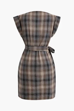MICAS Mini Dresses-Plaid Print Tie Front Slit Asymmetrical Mini Dress BROWN