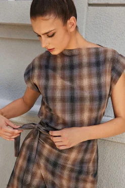 MICAS Mini Dresses-Plaid Print Tie Front Slit Asymmetrical Mini Dress BROWN