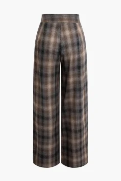 MICAS Pants-Plaid Print Wide Leg Trousers BROWN