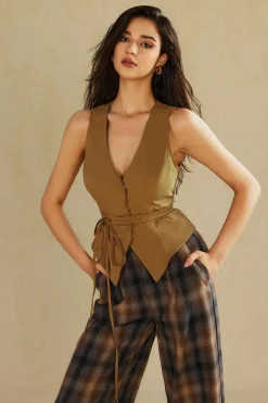 MICAS Pants-Plaid Print Wide Leg Trousers BROWN