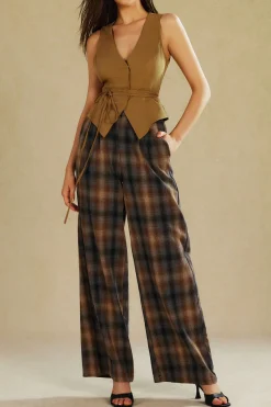 MICAS Pants-Plaid Print Wide Leg Trousers BROWN