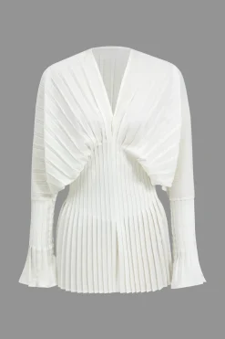 MICAS Long Sleeve Dresses|Mini Dresses-Pleated Bell Sleeve V-Neck Mini Dress WHITE