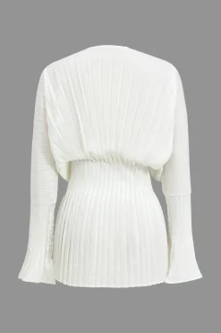 MICAS Long Sleeve Dresses|Mini Dresses-Pleated Bell Sleeve V-Neck Mini Dress WHITE