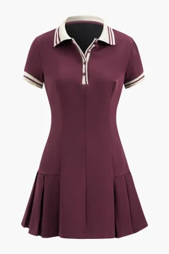 MICAS Mini Dresses-Pleated Button Short Sleeve Mini Dress BURGUNDY