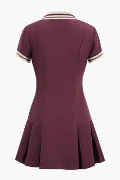 MICAS Mini Dresses-Pleated Button Short Sleeve Mini Dress BURGUNDY