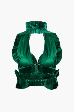 MICAS Skirt Sets|Vacation Sets-Pleated Halter Backless Top And Split Midi Skirt Set