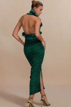 MICAS Skirt Sets|Vacation Sets-Pleated Halter Backless Top And Split Midi Skirt Set