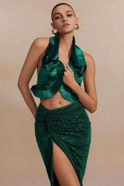 MICAS Skirt Sets|Vacation Sets-Pleated Halter Backless Top And Split Midi Skirt Set