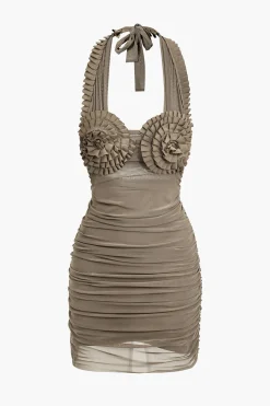 MICAS Mini Dresses-Pleated Mesh Halter Mini Dress KHAKI