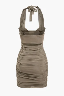 MICAS Mini Dresses-Pleated Mesh Halter Mini Dress KHAKI