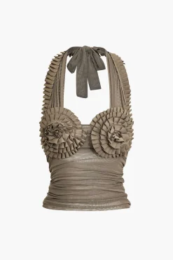 MICAS Tank Tops & Cami-Pleated Mesh Halter Tank Top