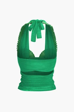 MICAS Tank Tops & Cami-Pleated Mesh Halter Tank Top