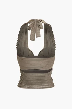 MICAS Tank Tops & Cami-Pleated Mesh Halter Tank Top