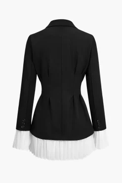 MICAS Long Sleeve Dresses|Mini Dresses-Pleated Patchwork Long Sleeve V-Neck Mini Dress BLACK