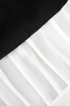 MICAS Long Sleeve Dresses|Mini Dresses-Pleated Patchwork Long Sleeve V-Neck Mini Dress BLACK