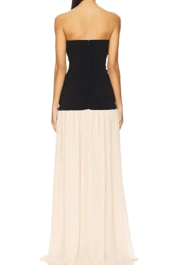 MICAS Maxi Dresses-Pleated Patchwork Slit Ruched Strapless Maxi Dress BLACK