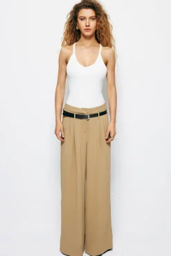 MICAS Pants-Pleated Wide Leg Pants With Belt KHAKI