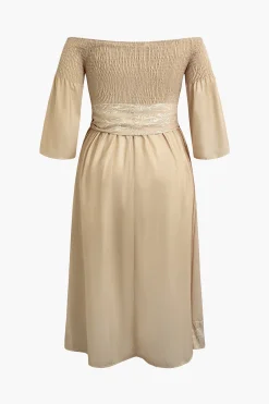 MICAS Long Sleeve Dresses-Plus Size Off Shoulder Smocked Maxi Dress With Belt KHAKI