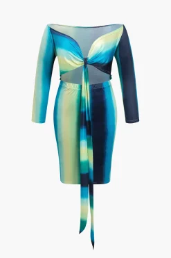 MICAS Long Sleeve Dresses-Plus Size Ombre Tie Front Midi Dress GREEN