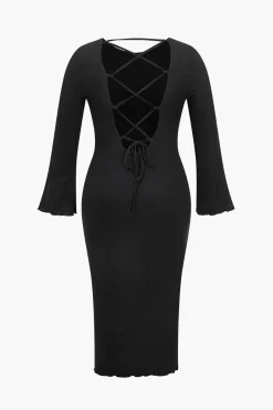 MICAS Long Sleeve Dresses-Plus Size Solid Knit Backless Tie Back Midi Dress BLACK