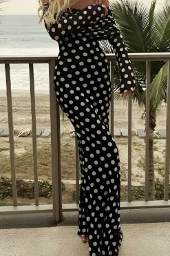 MICAS Long Sleeve Dresses|Maxi Dresses-Polka Dot Print Off Shoulder Maxi Dress BLACK