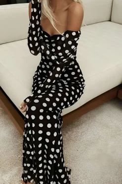 MICAS Long Sleeve Dresses|Maxi Dresses-Polka Dot Print Off Shoulder Maxi Dress BLACK