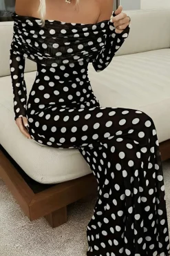 MICAS Long Sleeve Dresses|Maxi Dresses-Polka Dot Print Off Shoulder Maxi Dress BLACK