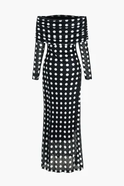 MICAS Long Sleeve Dresses|Maxi Dresses-Polka Dot Print Off Shoulder Maxi Dress BLACK