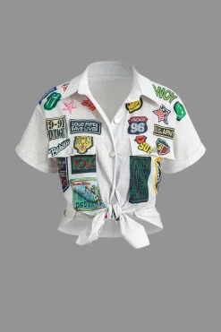 MICAS Blouses & Shirts-Print Knot Front Cropped Shirt WHITE