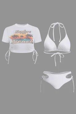 MICAS Swimwear|Vacation Sets-Print T-shirt And Tie Halter Bikini Set