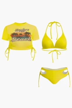 MICAS Swimwear|Vacation Sets-Print T-shirt And Tie Halter Bikini Set