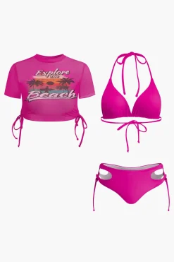 MICAS Swimwear|Vacation Sets-Print T-shirt And Tie Halter Bikini Set