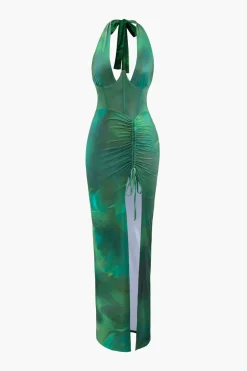 MICAS Midi Dresses-Printed Halter Corset Drawstring Slit Midi Dress DARK GREEN