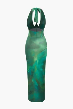 MICAS Midi Dresses-Printed Halter Corset Drawstring Slit Midi Dress DARK GREEN