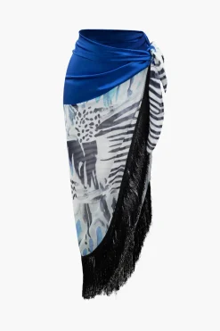 MICAS Skirt Sets|Vacation Sets-Printed Lantern Sleeve Twist Hem Shirt And Asymmetric Fringe Skirt Set BLUE