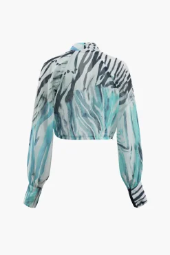 MICAS Skirt Sets|Vacation Sets-Printed Lantern Sleeve Twist Hem Shirt And Asymmetric Fringe Skirt Set BLUE