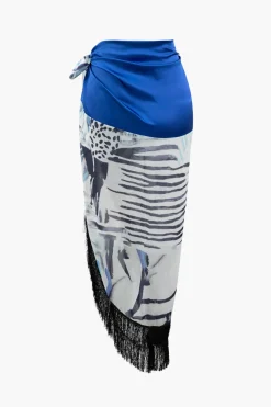 MICAS Skirt Sets|Vacation Sets-Printed Lantern Sleeve Twist Hem Shirt And Asymmetric Fringe Skirt Set BLUE