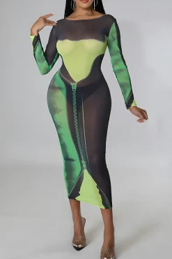 MICAS Long Sleeve Dresses|Maxi Dresses-Printed Round Neck Mesh Maxi Dress LIGHT GREEN