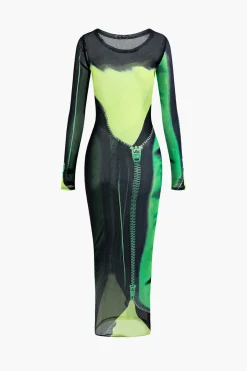MICAS Long Sleeve Dresses|Maxi Dresses-Printed Round Neck Mesh Maxi Dress LIGHT GREEN