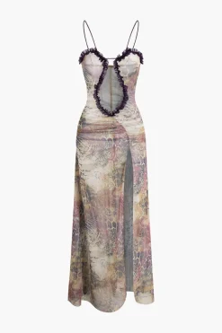 MICAS Maxi Dresses-Printed Ruffle Cut Out Mesh Slit Slip Maxi Dress