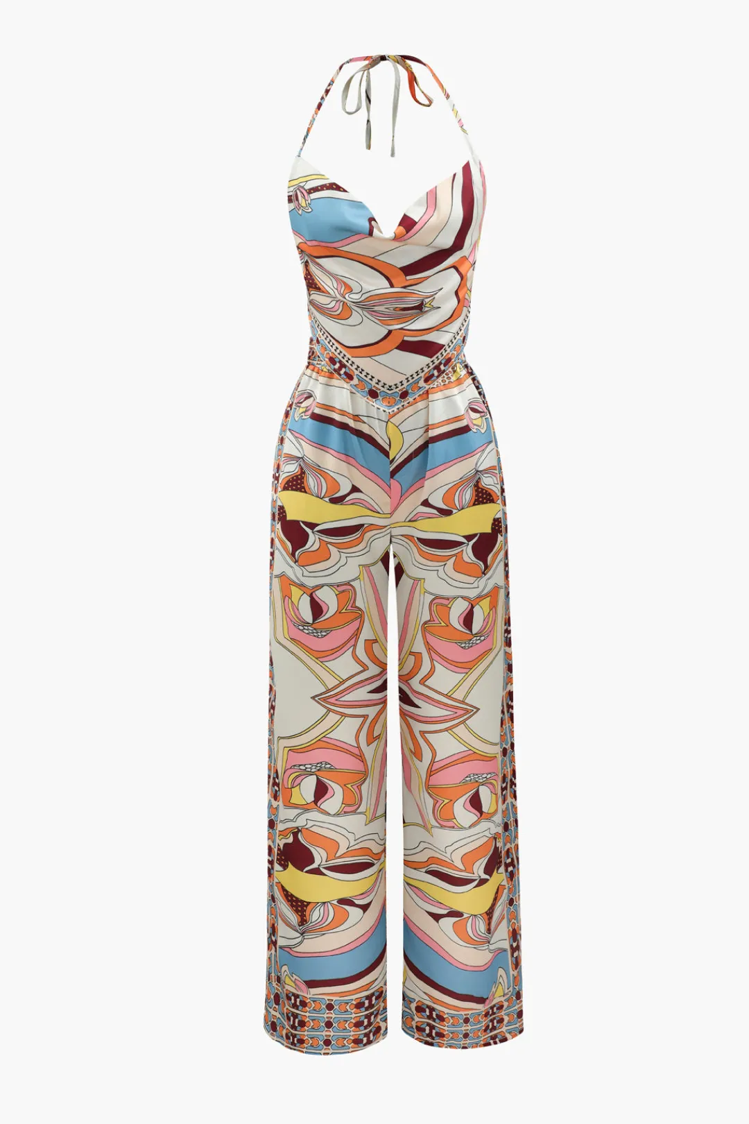 MICAS Pant Sets-Printed Satin Halter Tie Cami And Wide Leg Pants Set MULTICOLOR