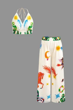 MICAS Pant Sets-Printed V-Neck Halter Backless Crop Top and Wide Leg Pants Set WHITE