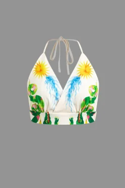 MICAS Pant Sets-Printed V-Neck Halter Backless Crop Top and Wide Leg Pants Set WHITE