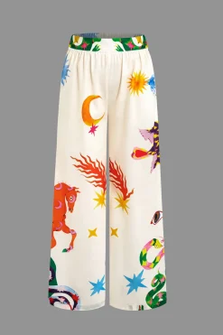 MICAS Pant Sets-Printed V-Neck Halter Backless Crop Top and Wide Leg Pants Set WHITE